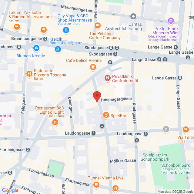 Lehrlingsportal.at Karte mit einem mit einer roten Stecknadel markierten Standort in der Haspingergasse, Kreuzung mit der Langen Gasse, Laudongasse und Skodagasse. In der Nähe befinden sich Restaurants, Cafés und ein Postamt.