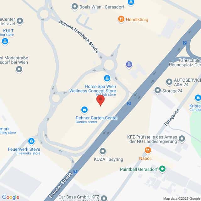 Lehrlingsportal.at Karte eines Gebiets in Wien mit Unternehmen, Straßen und Sehenswürdigkeiten, darunter Home Spa Wien und Dehner Garten-Center.