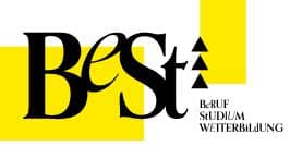Lehrlingsportal.at Das Bild zeigt das Logo von "BeSt" mit dem Schriftzug "Beruf Studium Weiterbildung" auf weißem Hintergrund mit gelben Akzenten und kleinen schwarzen Dreiecken.