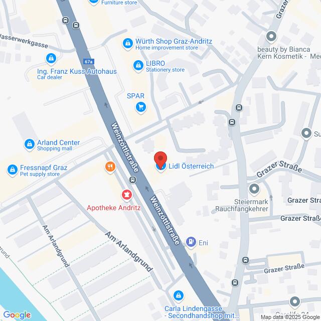 Lehrlingsportal.at Karte eines Stadtteils von Andritz, Graz, Österreich. Eine rote Markierung kennzeichnet eine Lidl-Filiale in der Weinzöttlstraße. In der Nähe befinden sich eine Apotheke, ein Schreibwarenladen und weitere Geschäfte.