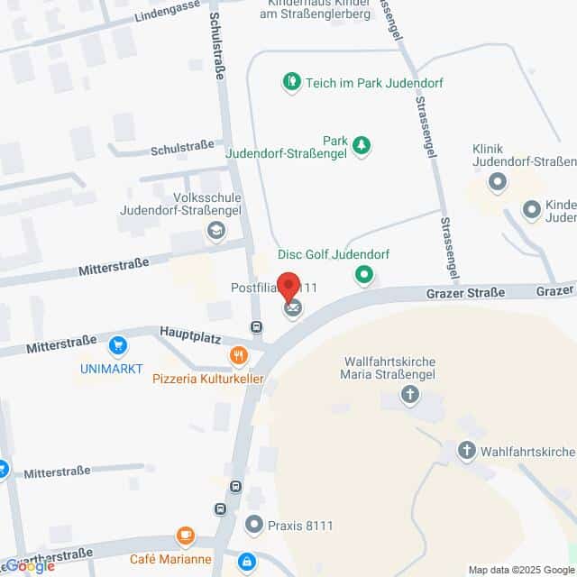 Lehrlingsportal.at Karte von Judendorf mit Straßen, Geschäften und Sehenswürdigkeiten wie dem Unimarkt, der Pizzeria Kulturkeller, einem Postamt und der Wallfahrtskirche Maria Straßengel.
