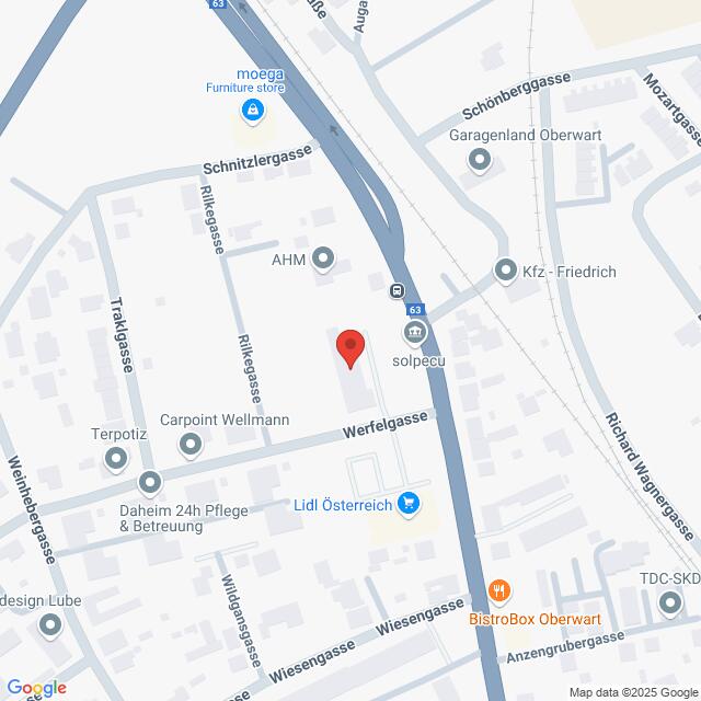 Lehrlingsportal.at Karte mit einem mit einer roten Stecknadel markierten Standort in einem Gebiet mit Straßen und Gebäuden, darunter Lidl Österreich. Zu den umliegenden Straßen gehören die Werfelgasse und die Schnitzlergasse.