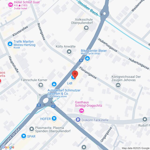 Lehrlingsportal.at Karte mit einer Standortmarkierung in der Florianigasse in der Nähe der Schoberstraße in Oberpullendorf, Österreich, mit nahegelegenen Sehenswürdigkeiten wie Lidl, Hofer und Diskont Tankstelle.