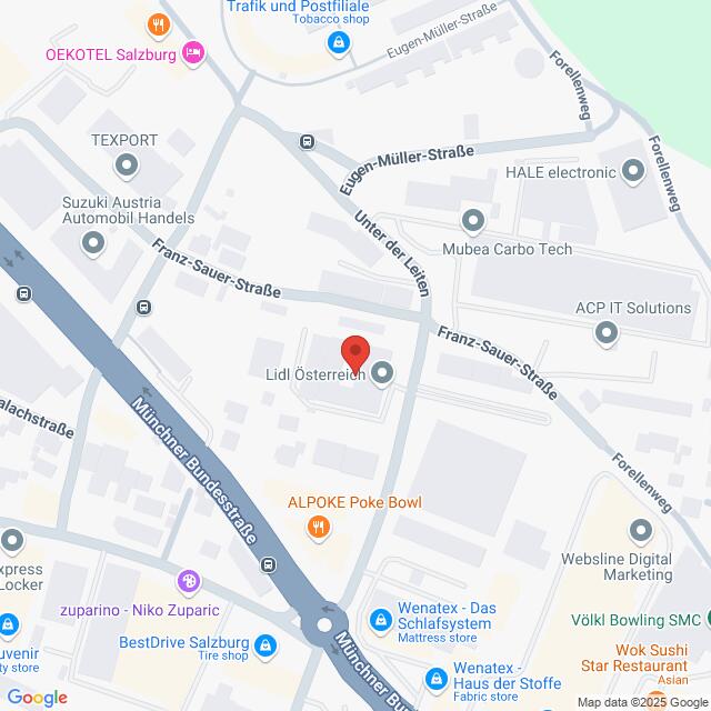 Lehrlingsportal.at Karte mit einem Standort in Salzburg, Österreich, mit den umliegenden Straßen und Unternehmen, darunter Lidl, ACP IT Solutions und Alpoke Poke Bowl.