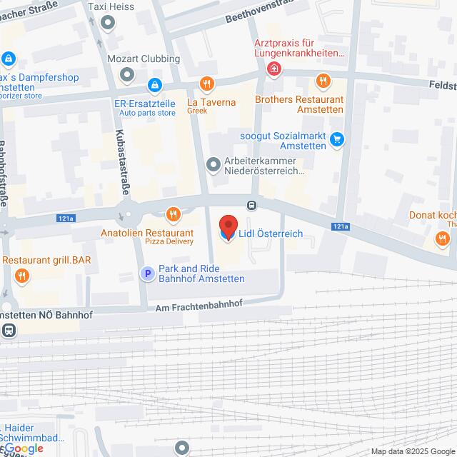 Lehrlingsportal.at Karte mit dem Standort von Lidl Österreich in Amstetten, mit nahegelegenen Sehenswürdigkeiten wie dem Anatolien Restaurant und dem Park and Ride Bahnhof Amstetten.