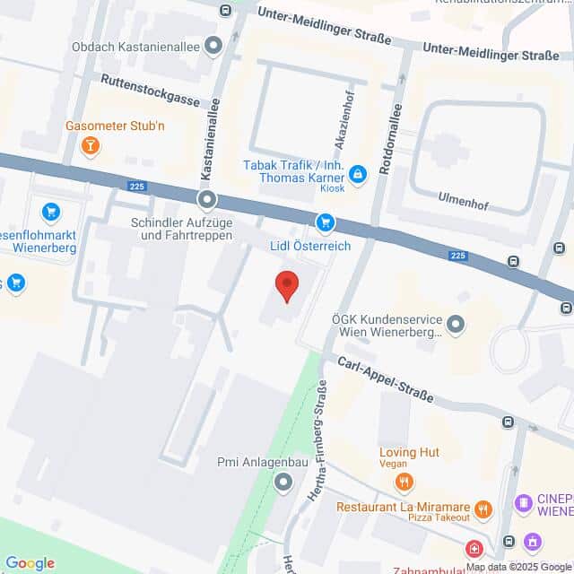Lehrlingsportal.at Kartenansicht mit einem mit einer roten Stecknadel markierten Standort in der Nähe von Lidl Österreich, umgeben von Straßen und mehreren Geschäften in Wien, Österreich.