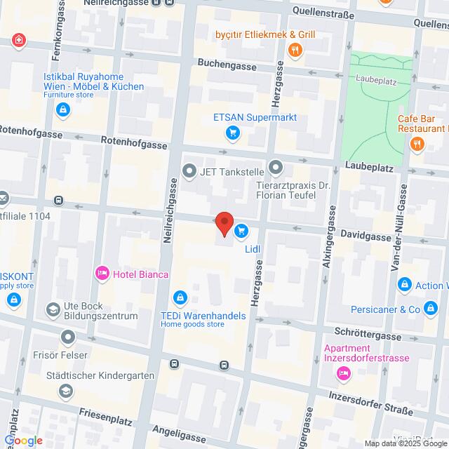 Lehrlingsportal.at Kartenansicht des Herzgasse-Gebiets mit Straßen, Geschäften wie Lidl, TEDi und Cafés sowie einer roten Standortmarkierung in der Nähe der Tierarztpraxis von Dr. Florian Teufel.