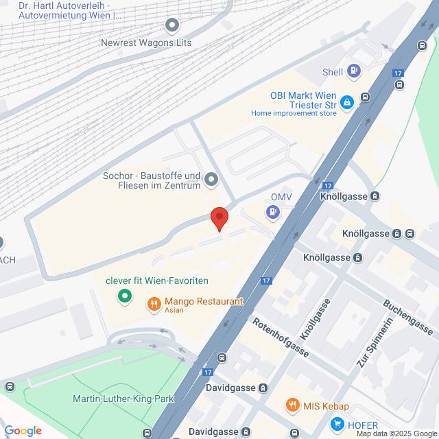 Lehrlingsportal.at Kartenansicht eines Teils von Wien, Österreich, mit einer Markierung, die einen Standort in der Nähe der Straßen Knölgasse und Davidgasse anzeigt, in der Nähe mehrerer Geschäfte und einer Bahnstrecke.