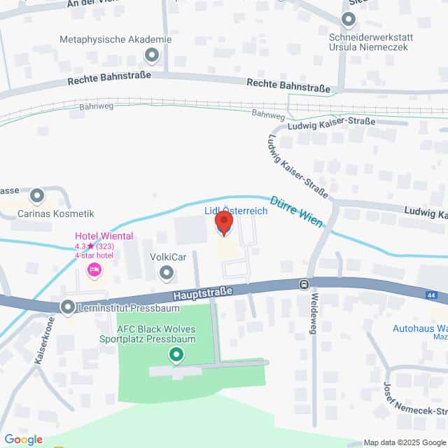 Lehrlingsportal.at Karte mit einem als „Lidl Österreich“ gekennzeichneten Standort an der Kreuzung von Hauptstraße und Ludwig Kaiser-Straße mit nahegelegenen Sehenswürdigkeiten wie dem Hotel Wiental und dem AFC Black Wolves Sportplatz Pressbaum.