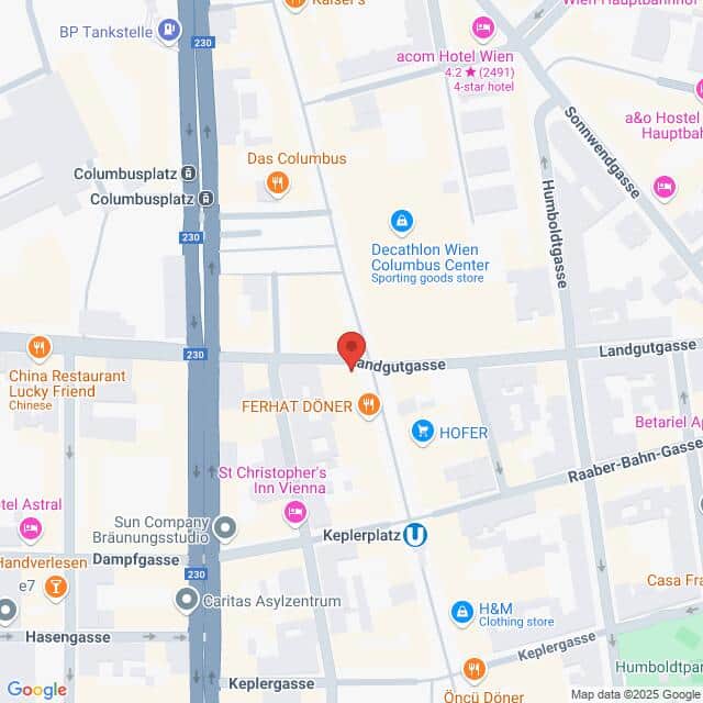 Lehrlingsportal.at Karte eines Gebiets in Wien, Österreich, mit der Landgutgasse im Zentrum. In der Nähe befinden sich Decathlon Wien und FERHAT DÖNER, mit eingezeichneten Straßen und öffentlichen Verkehrsmitteln.