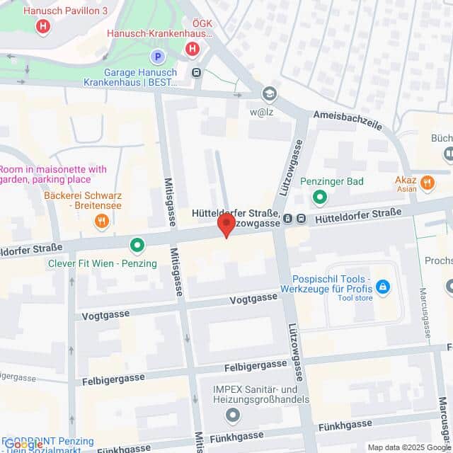 Lehrlingsportal.at Kartenansicht, die einen detaillierten Bereich rund um die Hütteldorfer Straße mit markierten Straßen, Geschäften und Sehenswürdigkeiten in der Nähe zeigt.