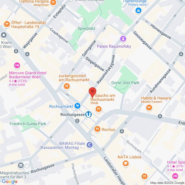 Lehrlingsportal.at Karte eines Stadtgebiets mit Straßen, Geschäften und Sehenswürdigkeiten und hervorgehobenem Standort in der Nähe von „Gaucho am Rochusmarkt“.