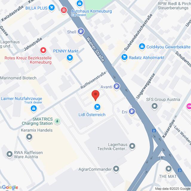 Lehrlingsportal.at Karte eines Standorts in Korneuburg, Österreich. In der Nähe sind Orte wie ein Lidl und ein Penny Markt eingezeichnet. Straßen und umliegende Geschäfte sind markiert.