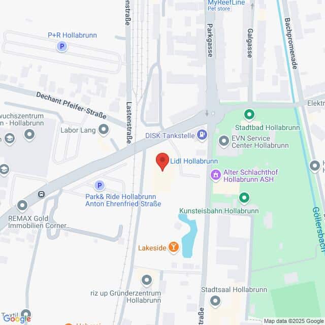 Lehrlingsportal.at Karte mit dem Standort von Lidl Hollabrunn in Österreich, mit nahegelegenen Straßen und Sehenswürdigkeiten wie der Stadthalle Hollabrunn und der Kunstbahn Hollabrunn.