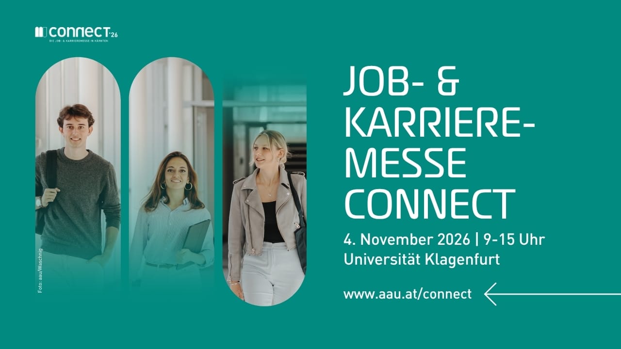 Lehrlingsportal.at Drei Personen gehen durch einen Flur. Der Text lautet: "Job- & Karrieremesse Connect, 4. November 2026, 9-15 Uhr, Universität Klagenfurt, www.aau.at/connect.