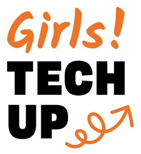 Lehrlingsportal.at Text mit der Aufschrift „Girls! TECH UP“ mit einem orangefarbenen, nach oben gebogenen Pfeil an der Unterseite.