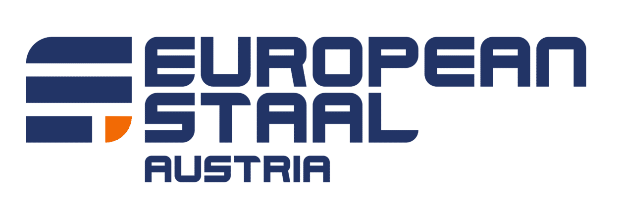 Lehrlingsportal.at Logo für European Staal Austria mit stilisierten blauen und orangefarbenen Grafikelementen links vom Firmennamen in fettgedrucktem blauem Text auf weißem Hintergrund.