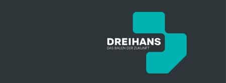 Lehrlingsportal.at Logo mit dem Wort „DREIHANS“ und dem Satz „DAS BAUEN DER ZUKUNFT“ neben einem geometrischen türkisfarbenen Design auf dunklem Hintergrund.
