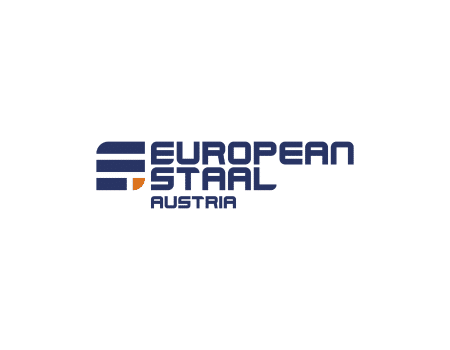 Lehrlingsportal.at Logo mit blauem und orangefarbenem geometrischem Symbol neben dem Text „EUROPEAN STAAL AUSTRIA“ in fetter, moderner Schriftart auf weißem Hintergrund.