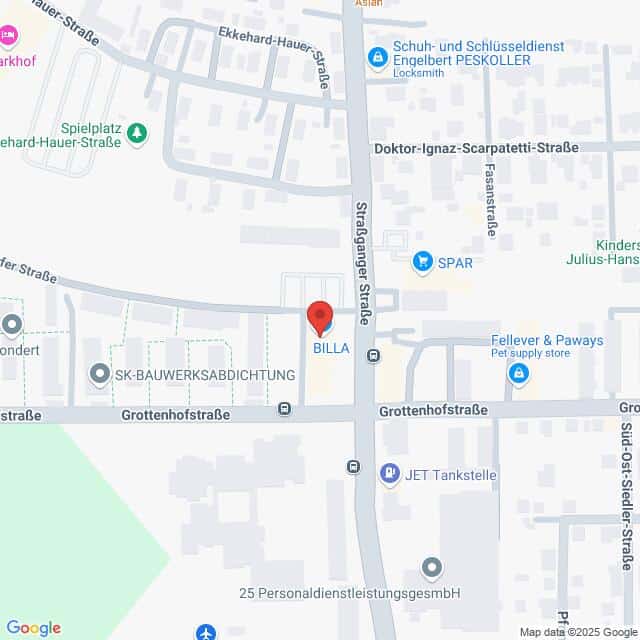 Lehrlingsportal.at Eine Karte, die den Standort von BILLA in der Grottenhofstraße, in der Nähe der Strassgänger Straße, zeigt, mit Beschriftungen der umliegenden Geschäfte und Straßen.