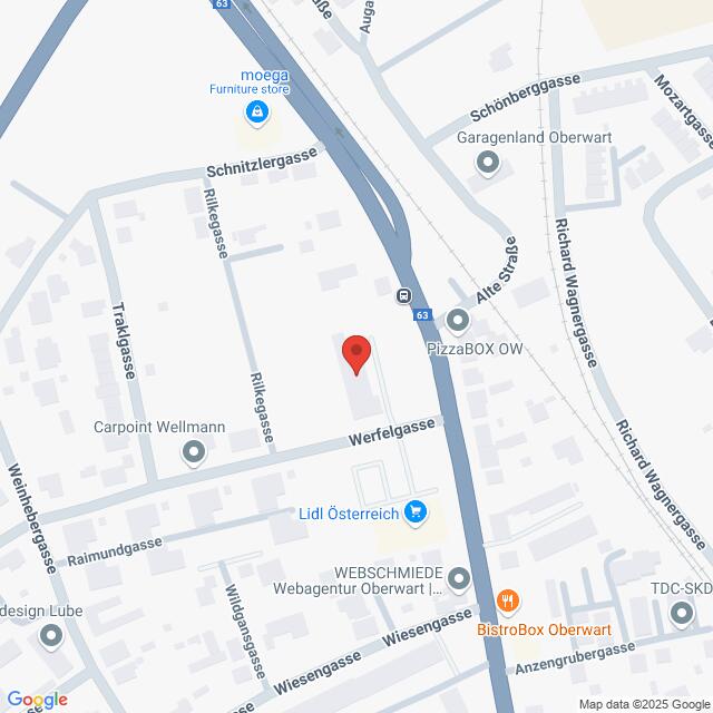 Lehrlingsportal.at Eine Karte mit einer Stecknadel für die Werfelgasse in der Nähe von Lidl Österreich und PizzaBOX OW, mit Beschriftung der umliegenden Straßen und Geschäfte.