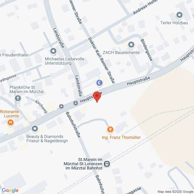 Lehrlingsportal.at Eine Karte, die das Gebiet um die Hauptstraße in St. Marein im Mürztal, Österreich, zeigt, mit eingezeichneten Geschäften und Sehenswürdigkeiten in der Nähe.