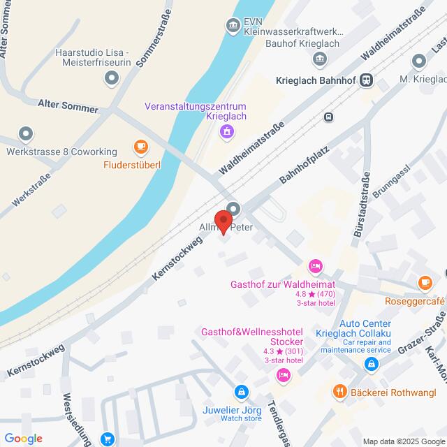 Lehrlingsportal.at Karte, die einen Abschnitt von Krieglach, Österreich, zeigt und Orte wie Allmer Peter, den Bahnhof Krieglach sowie verschiedene Geschäfte und Sehenswürdigkeiten hervorhebt.
