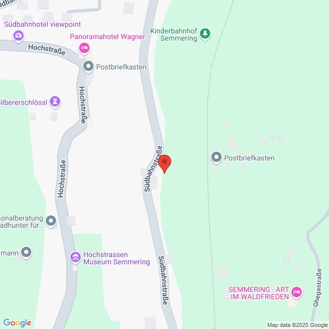 Lehrlingsportal.at Karte des Gebiets Südbahnstraße mit Markierungen für Gebäude, Straßen und Naturmerkmale. Zu den bemerkenswerten Markierungen gehören ein Hotel, ein Museum und ein Aussichtspunkt in der Nähe des Semmerings.