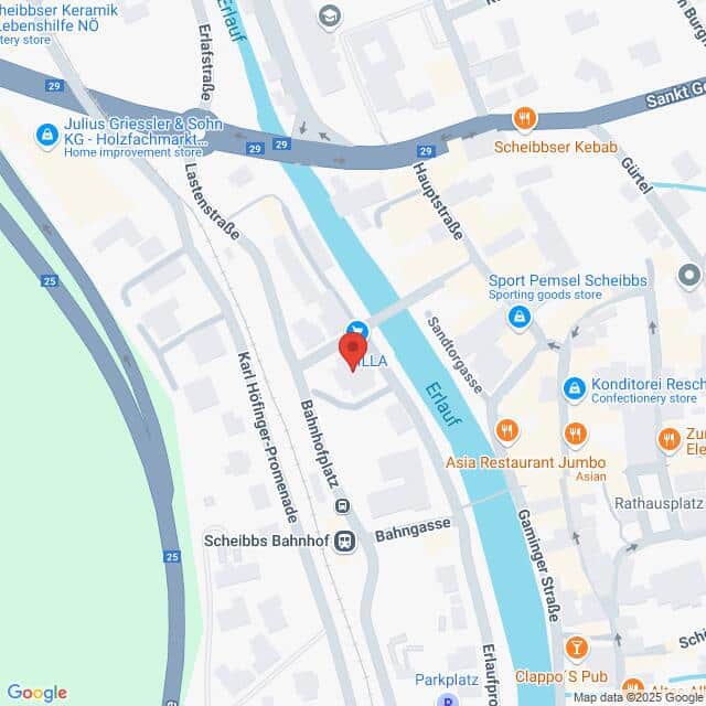 Lehrlingsportal.at Eine Karte mit einer Stecknadel in der Nähe von Bahnhofplatz und Erlauf in Scheibbs, Österreich, mit Beschriftungen der umliegenden Geschäfte und Straßen.