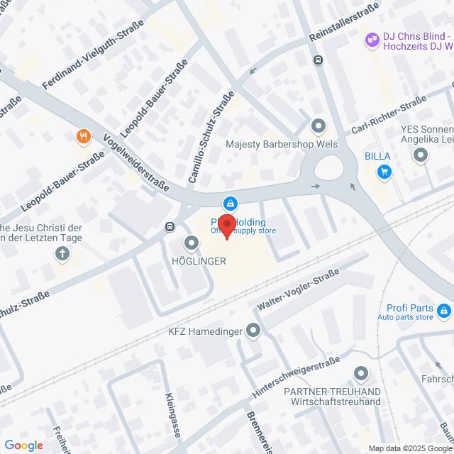 Lehrlingsportal.at Eine digitale Karte zeigt Straßen und Geschäfte in Wels, Österreich, mit einer Markierung, die auf ein Bedarfsartikelgeschäft in der Camillo-Schulz-Straße hinweist.