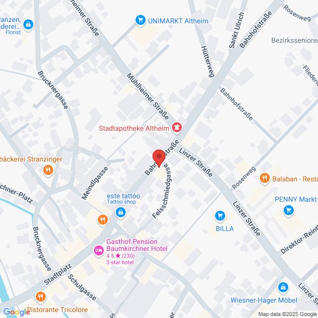 Lehrlingsportal.at Karte des Gebiets um die Bahnhofstraße und die Linzer Straße in Altheim, Österreich, mit Markierungen für Hotels, Geschäfte und öffentliche Dienste.