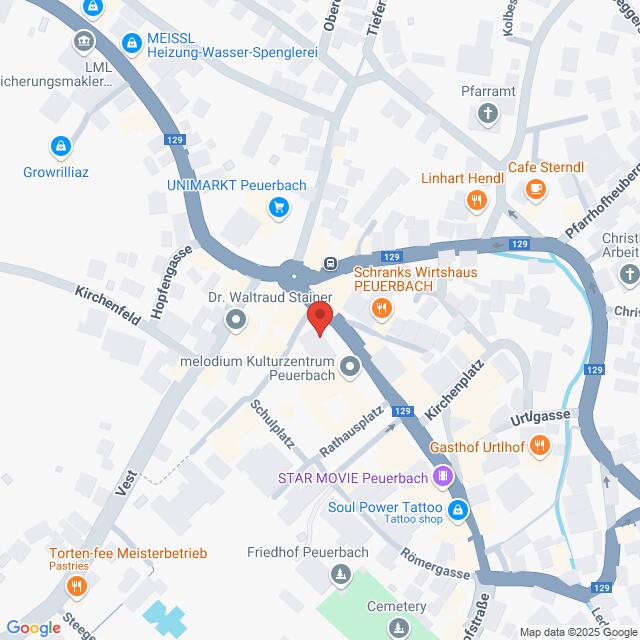 Lehrlingsportal.at Karte von Peuerbach, Österreich, mit Straßen, Geschäften, Restaurants und Sehenswürdigkeiten wie dem Rathausplatz, dem Melodium Kulturzentrum sowie nahegelegenen Straßen und Kreuzungen.