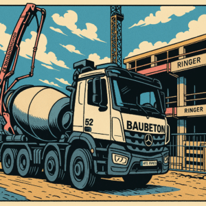 Lehrlingsportal.at Eine Abbildung eines Betonmischwagens mit der Aufschrift „Baubeton“, der auf einer Baustelle geparkt ist, mit einem Kran und einem im Bau befindlichen Gebäude im Hintergrund.