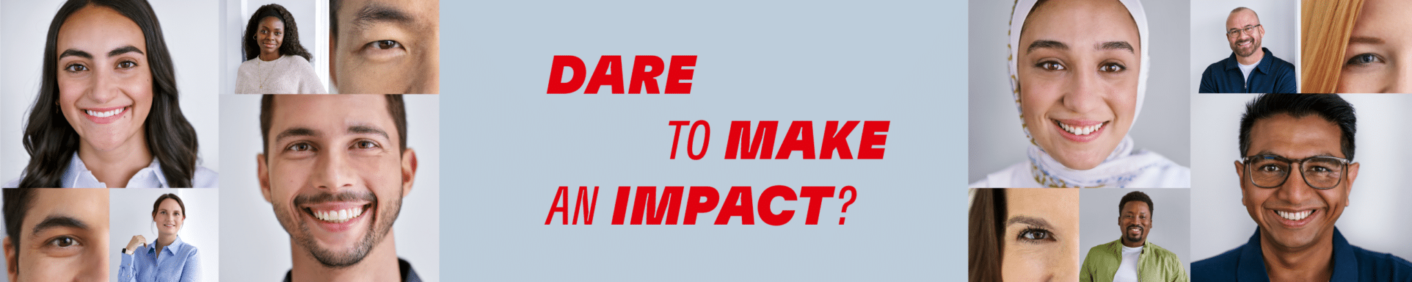 Lehrlingsportal.at Collage aus lächelnden Menschen unterschiedlicher Herkunft um den Text „Dare to make an impact?“ in fetten roten Buchstaben auf hellblauem Hintergrund.