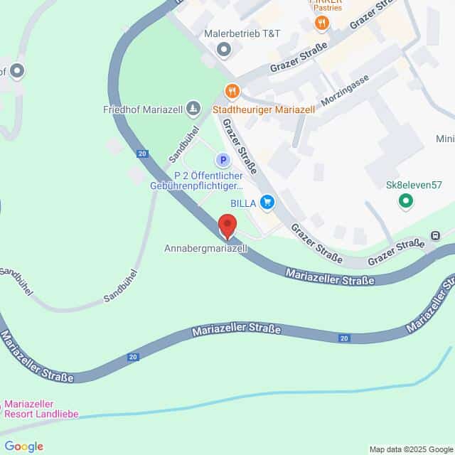 Lehrlingsportal.at Karte mit einer Markierung in Annabergmariazell in Mariazell, Österreich, in der Nähe der Mariazeller Straße und des Sandgrabens, mit Beschriftung der umliegenden Geschäfte und Straßen.