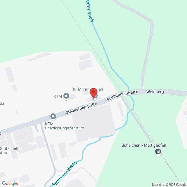 Lehrlingsportal.at Karte mit dem Standort von KTM an der Stallhofnerstraße nahe der Kreuzung Weinberg, in der Nähe des Schwemmgrabens und des Ennsbachs in Mattighofen.
