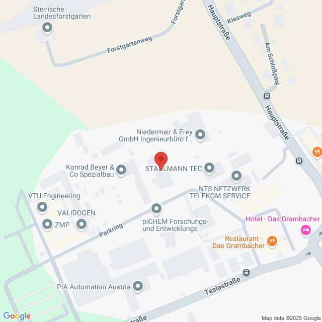 Lehrlingsportal.at Karte mit mehreren Unternehmen und Sehenswürdigkeiten, darunter STALLMANN TEC, Restaurant Das Grambacher und Steirische Landesforstgärten, in der Nähe von Hauptstraße und Forstgartenweg.