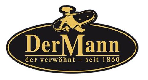 Lehrlingsportal.at Logo für die Bäckerei „Der Mann“ mit einem Cartoon-Bäcker, der einen Laib Brot hält, und dem Text „DerMann der verwöhnt – seit 1860“ auf einem ovalen Hintergrund in Schwarz und Gold.