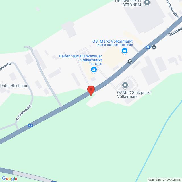Lehrlingsportal.at Kartenansicht mit dem Standort des Reifenhauses Plankenauer Völkermarkt und nahegelegener Unternehmen entlang der B82 in Völkermarkt, Österreich. Eine rote Markierung markiert eine bestimmte Stelle.