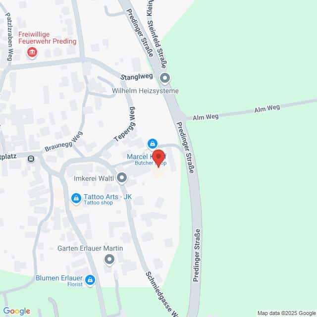 Lehrlingsportal.at Karte mit einer Stecknadel für den Standort „Metzgerei Marcel Papp“ in der Nähe der Predinger Straße in Preding, Österreich, mit Beschriftung der umliegenden Geschäfte und Straßen.