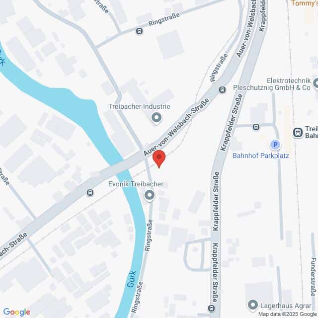 Lehrlingsportal.at Karte, die das Gebiet um die Auer-von-Welsbach-Straße und die Krappfelder Straße in Treibach, Österreich, zeigt, mit einer Markierung, die einen bestimmten Ort in der Nähe eines Flusses anzeigt.