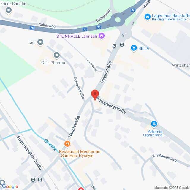 Lehrlingsportal.at Karte der Kreuzung von Hauptstraße und Kaiserbergstraße in Lannach, Österreich, mit markierten Geschäften und Sehenswürdigkeiten in der Nähe.