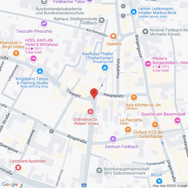 Lehrlingsportal.at Eine digitale Karte mit Straßen, Geschäften und Sehenswürdigkeiten rund um den Torplatz und den Hauptplatz in Feldbach, Österreich, mit einer roten Stecknadel, die einen zentralen Punkt markiert.