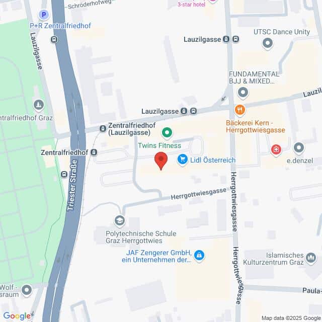 Lehrlingsportal.at Eine Karte mit Standorten in der Nähe der Herrgottwiesgasse in Graz, Österreich, darunter Lidl Österreich, Twins Fitness, eine Bäckerei und nahe gelegene Straßen wie Zentralfriedhof und Triester Straße.
