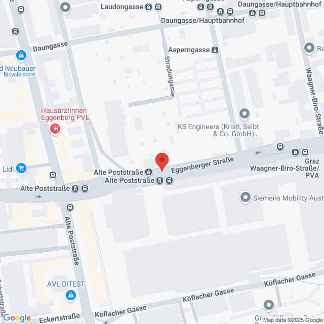 Lehrlingsportal.at Eine Karte, die die Kreuzung von Alte Poststraße und Eggenberger Straße in Graz, Österreich, zeigt, mit den Beschriftungen verschiedener Straßen und Geschäfte in der Nähe.