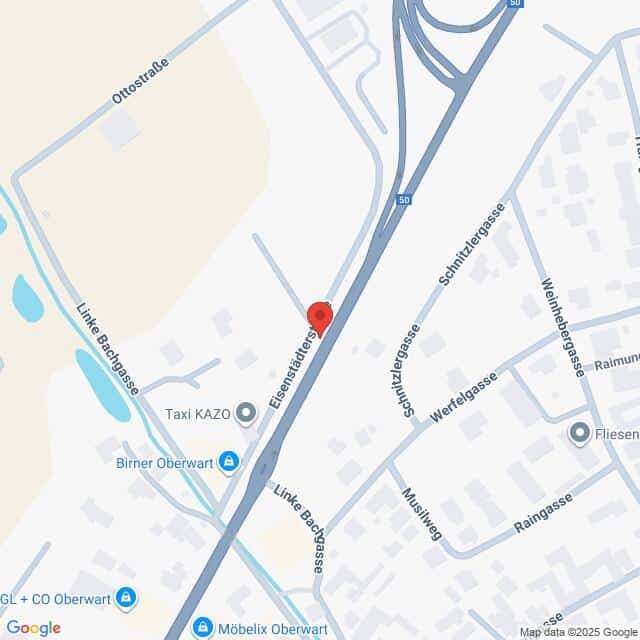 Lehrlingsportal.at Die Karte zeigt ein Gebiet in Oberwart, Österreich, mit der Eisensstädter Straße als Mittelpunkt. Nahegelegene Straßen sind Linke Bachgasse und Ottostraße. Verschiedene Geschäfte sind beschriftet.
