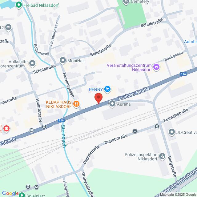 Lehrlingsportal.at Karte eines Teils von Niklasdorf, Österreich, mit Straßen, Geschäften, einer Polizeistation und dem PENNY-Supermarkt in der Leobner Straße.