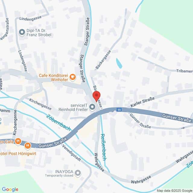 Lehrlingsportal.at Eine digitale Karte, die Straßen und Geschäfte in einem Stadtgebiet zeigt, mit einer roten Stecknadel in der Nähe der Kreuzung Brückengasse und Gunser Straße.