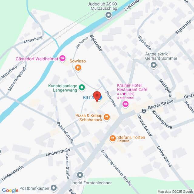 Lehrlingsportal.at Eine digitale Karte mit Straßen, Geschäften, Hotels und anderen Sehenswürdigkeiten rund um Langenwang, Österreich, mit einer roten Markierung in der Nähe der Mitte.