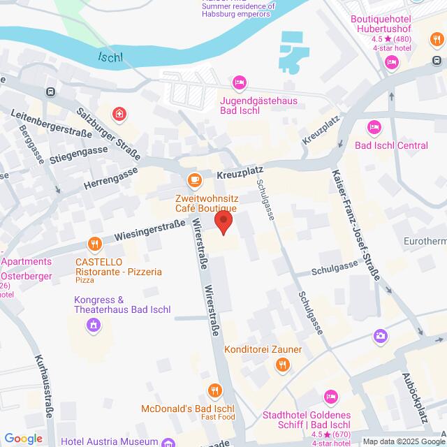Lehrlingsportal.at Eine Karte, die das Zentrum von Bad Ischl, Österreich, mit Straßen, Sehenswürdigkeiten, Restaurants, Hotels und einer Markierung zeigt, die das Zweitwohnsitz Café Boutique in der Nähe der Wirerstraße hervorhebt.